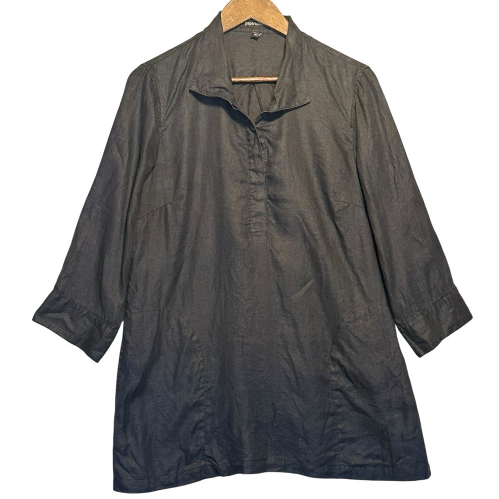 Paperwhite Womens Linen Dress 10 Black Long‎ Sleeve Lagenlook Minimalist Capsule